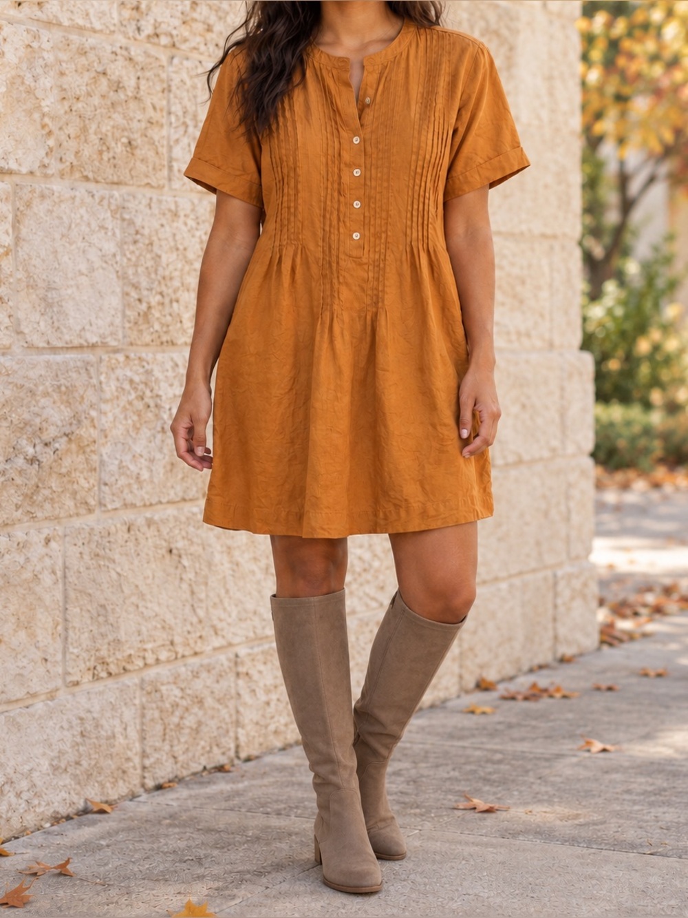 Quince Burnt Orange Pintuck Shift Dress Size Small Fall Boho